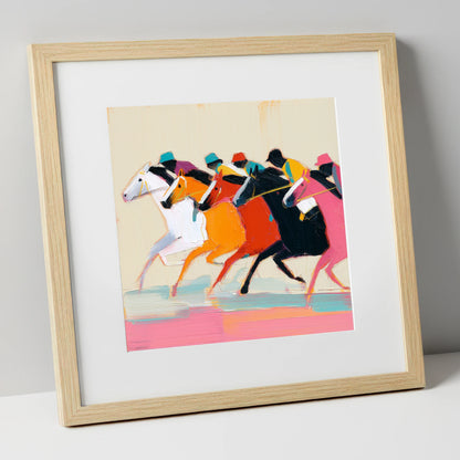Vibrant Final Furlong racing horse art print in natural frame