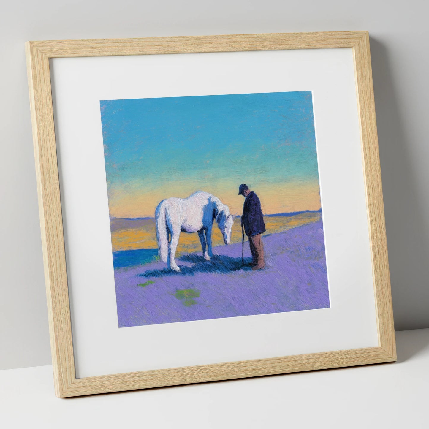 The Silent Bond horse & rider art print in natural frame