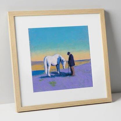The Silent Bond horse & rider art print in natural frame