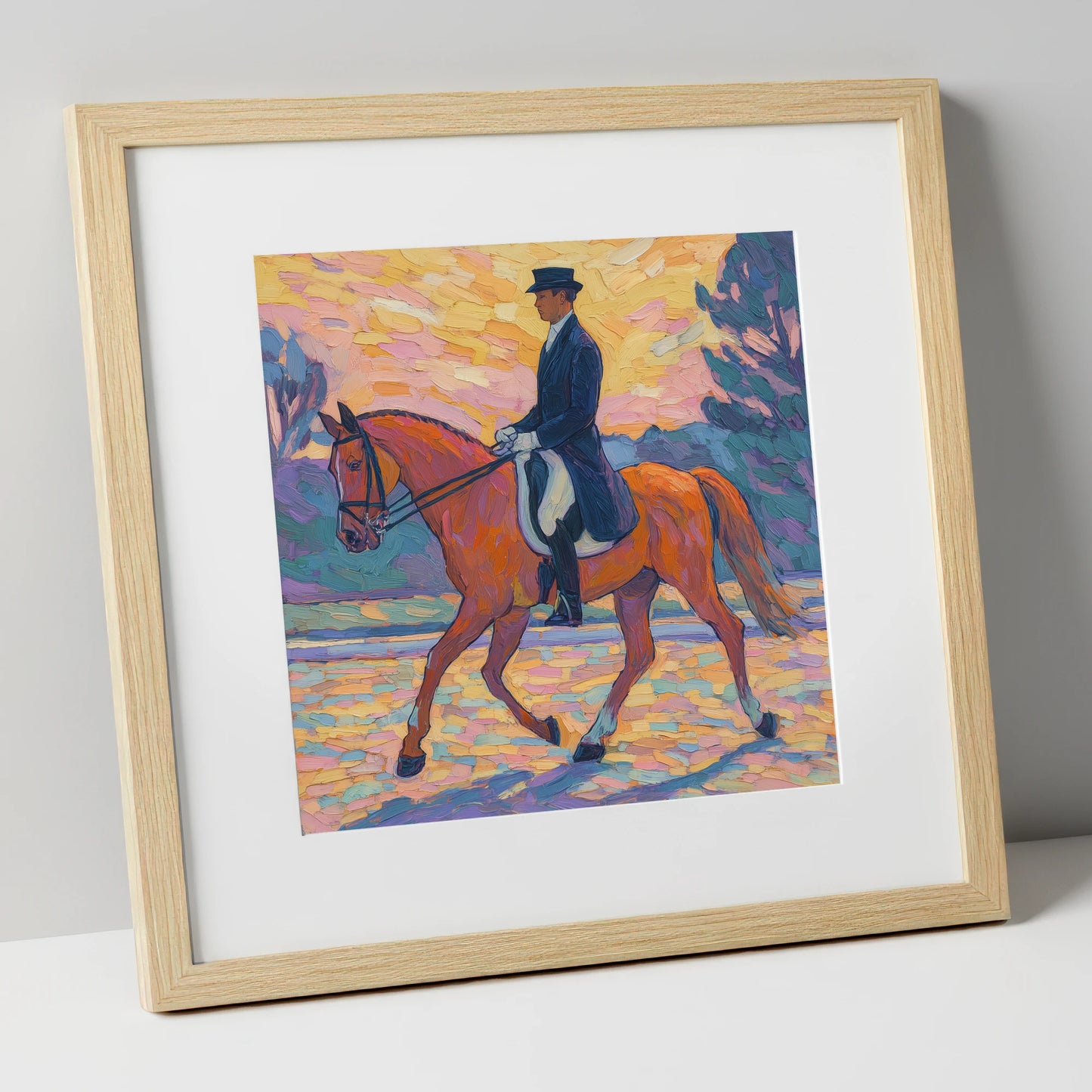 Painted Dressage Elegance dressage horse art print in natural frame