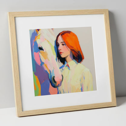 The Colour of Connection horse & rider art print in natural frame