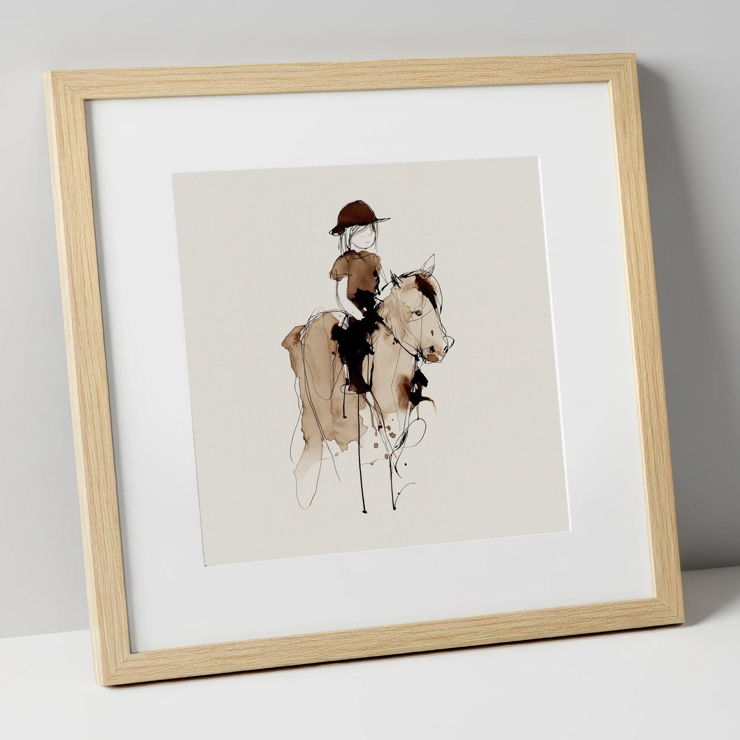 The Young Equestrian horse & rider art print in natural frame