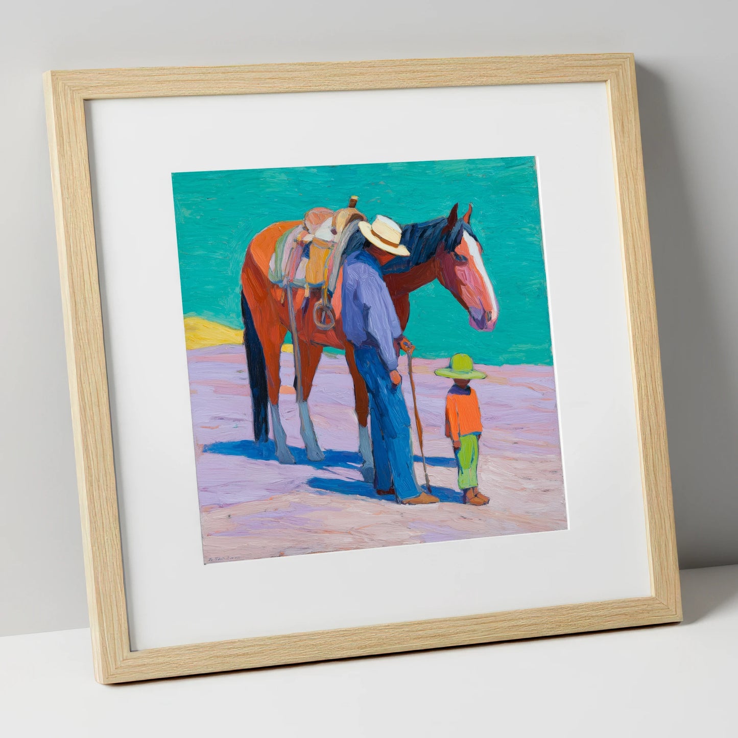 Sunlit Companions horse & rider art print in natural frame