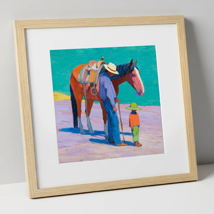Sunlit Companions horse & rider art print in natural frame