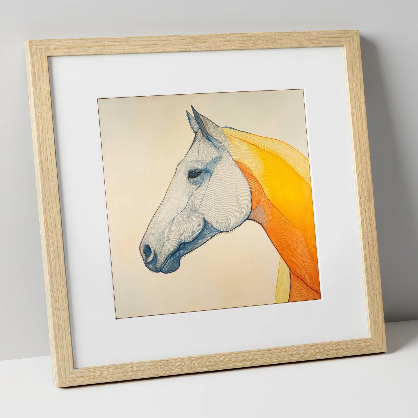 Flowing Amber Contours horse portrait art print in natural frame