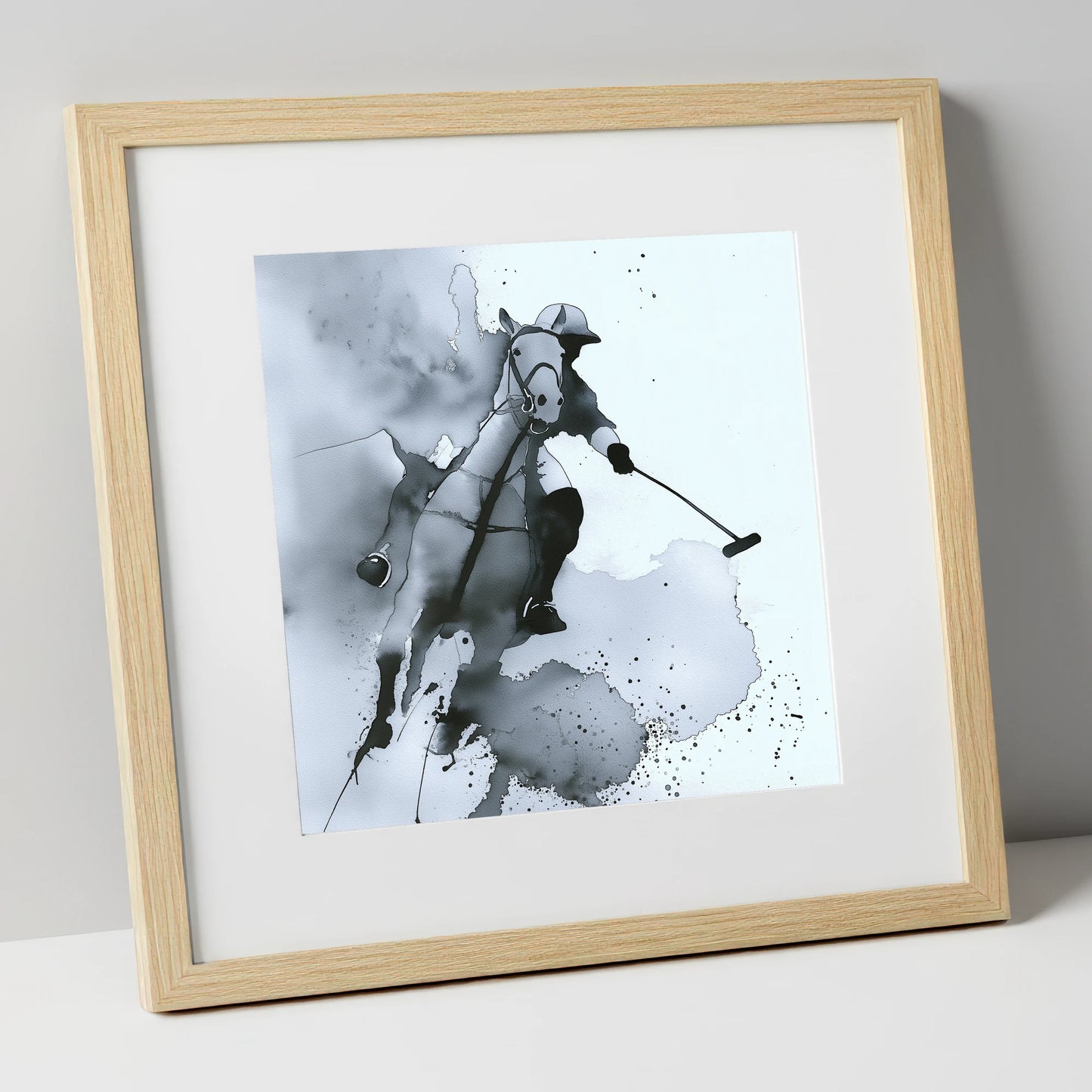 The Striker's Charge polo horse art print in natural frame