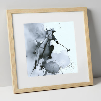 The Striker's Charge polo horse art print in natural frame