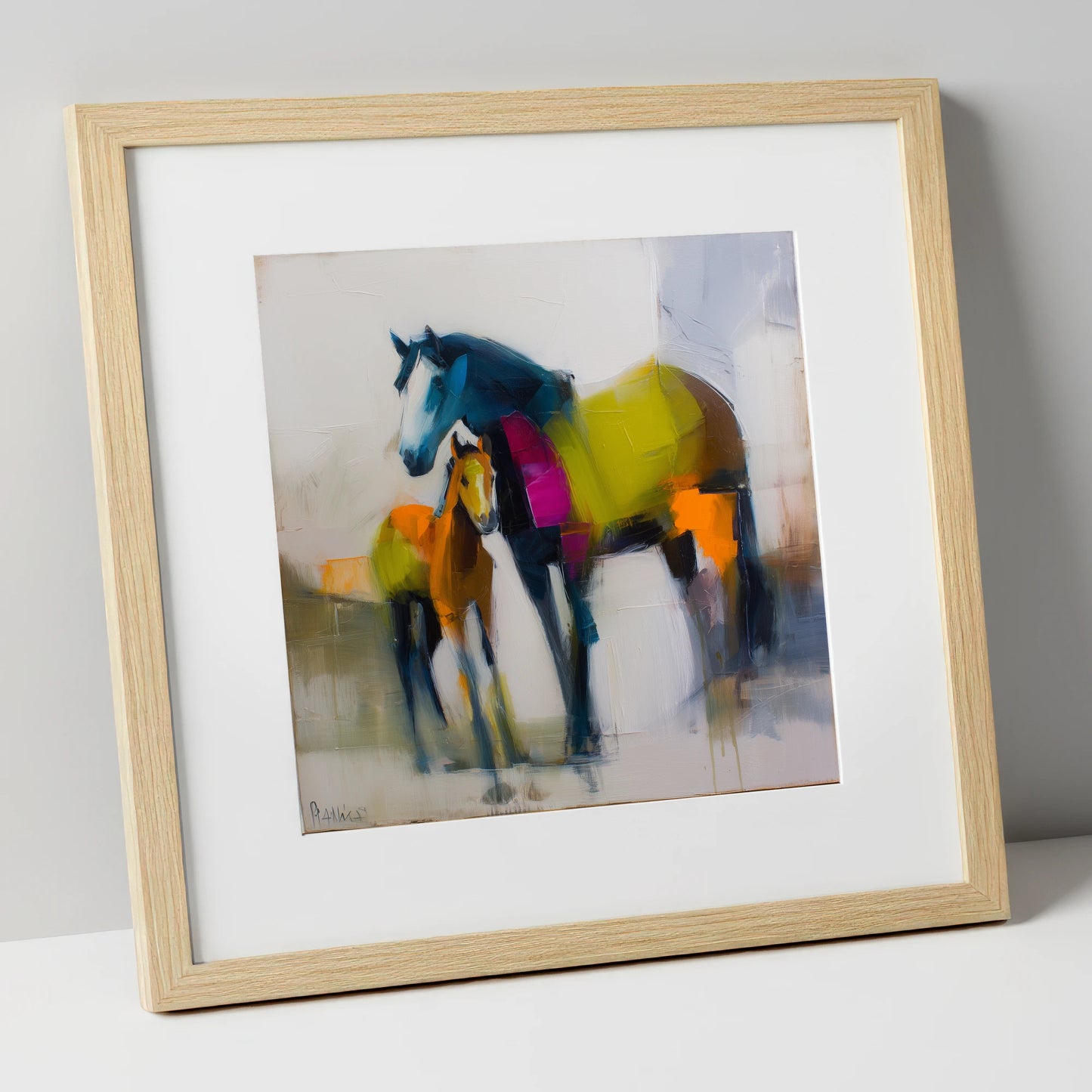 Vibrant Bond mare & foal art print in natural frame