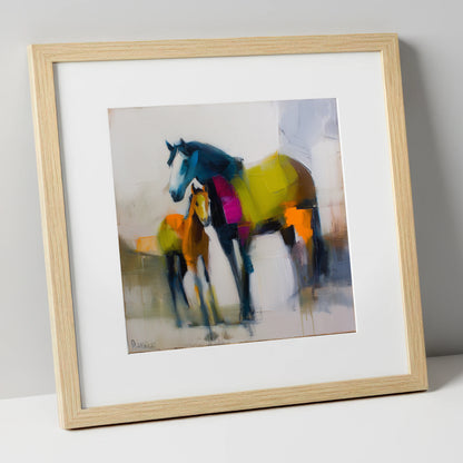 Vibrant Bond mare & foal art print in natural frame