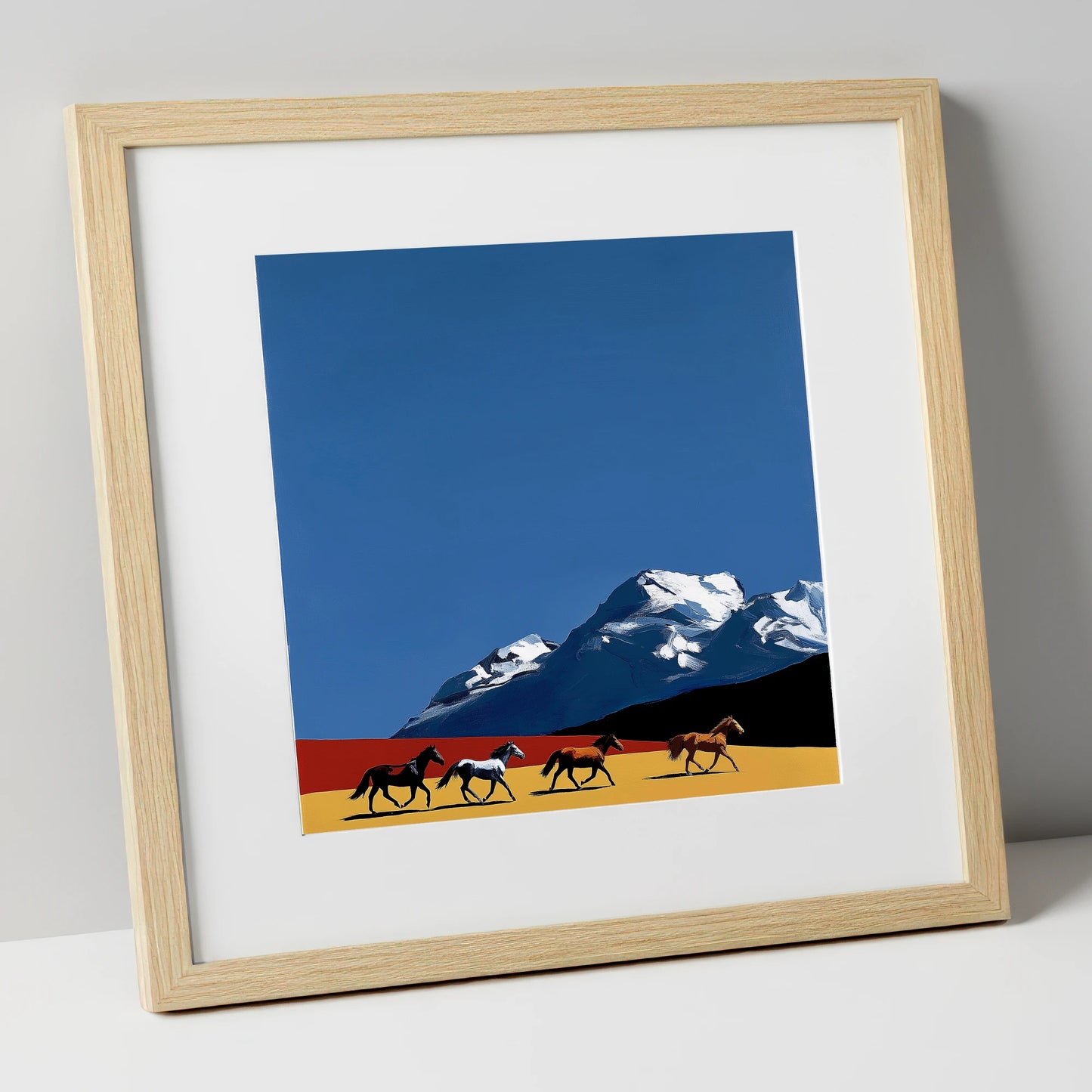 Gallop Beneath the Peaks horse landscape art print in natural frame