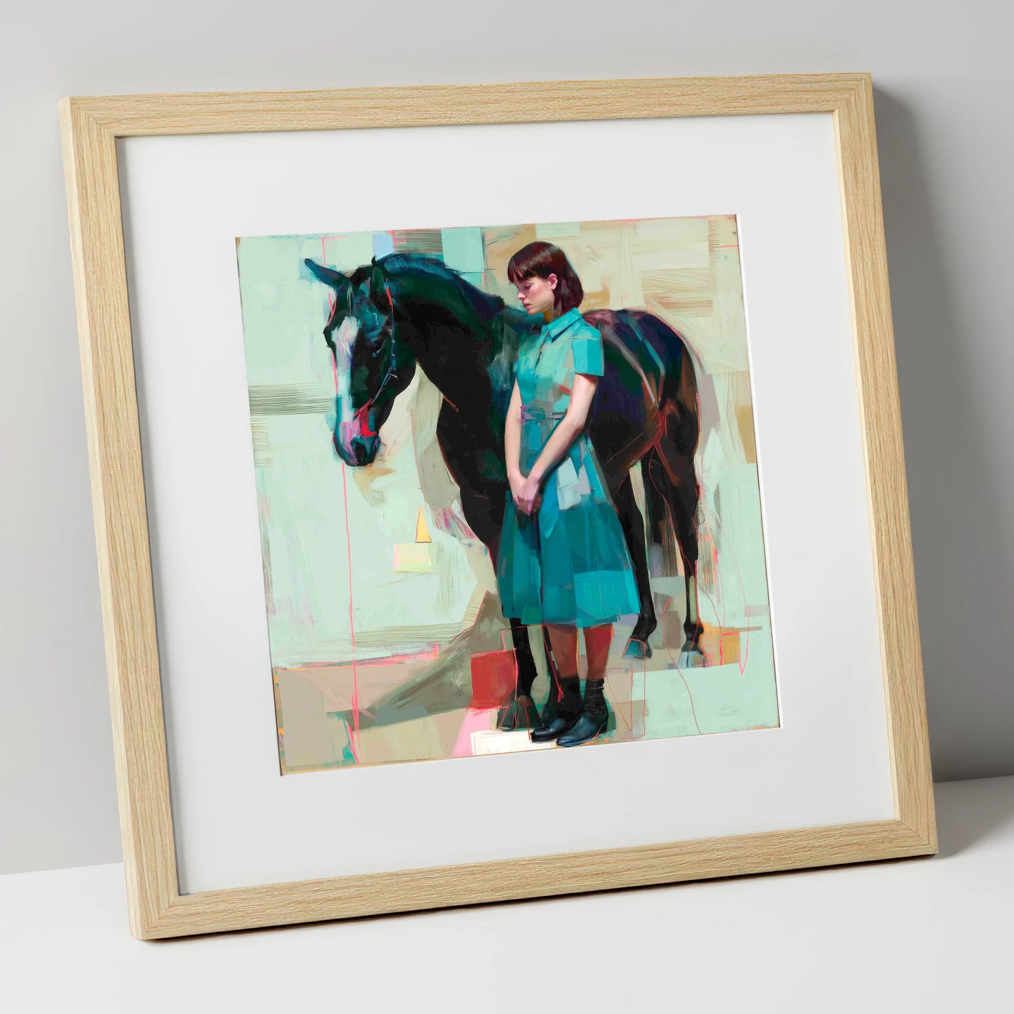 A Quiet Connection horse & rider art print in natural frame