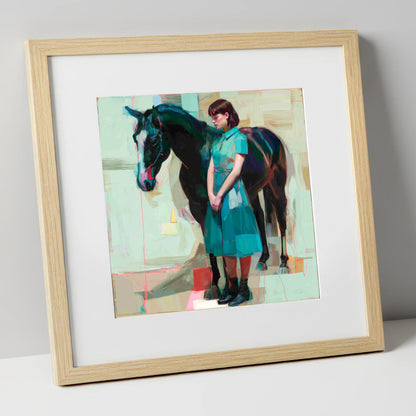 A Quiet Connection horse & rider art print in natural frame