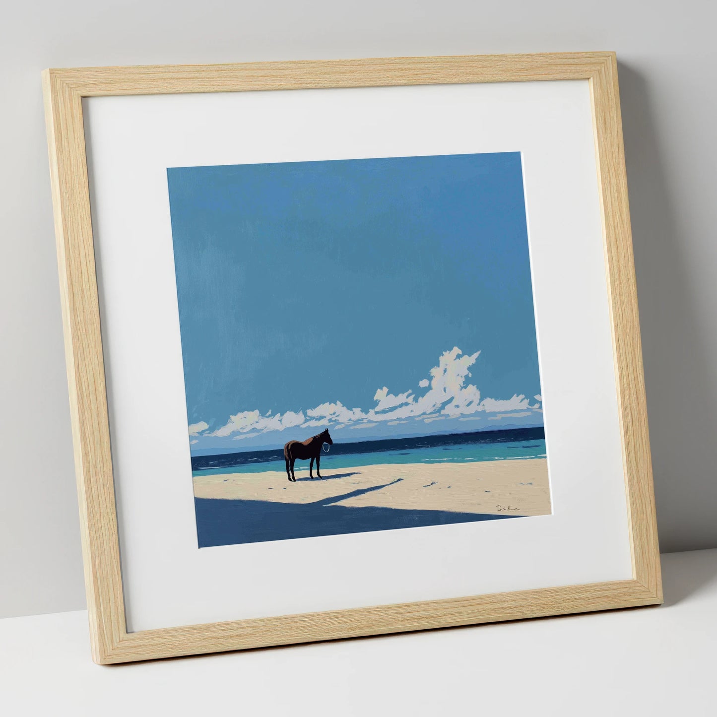 Coastal Contemplation horse landscape art print in natural frame
