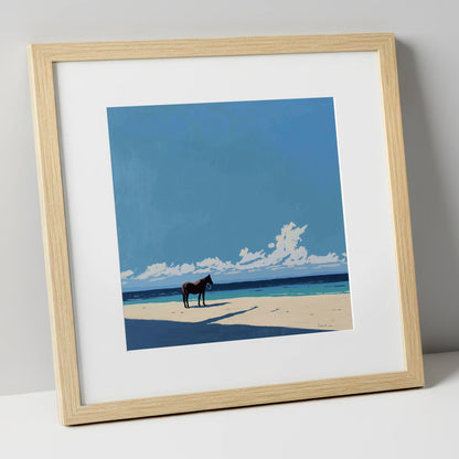 Coastal Contemplation horse landscape art print in natural frame