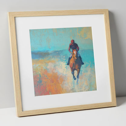 The Morning Gallop racing horse art print in natural frame