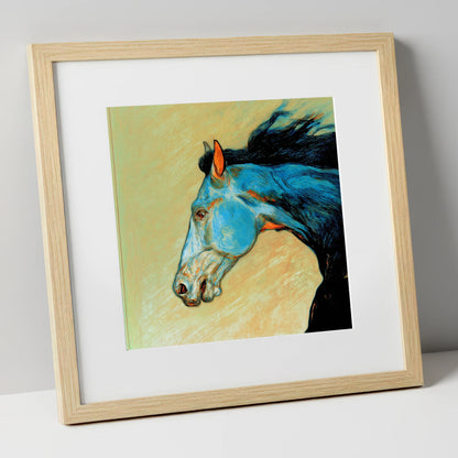 Cerulean Spirit racing horse art print in natural frame