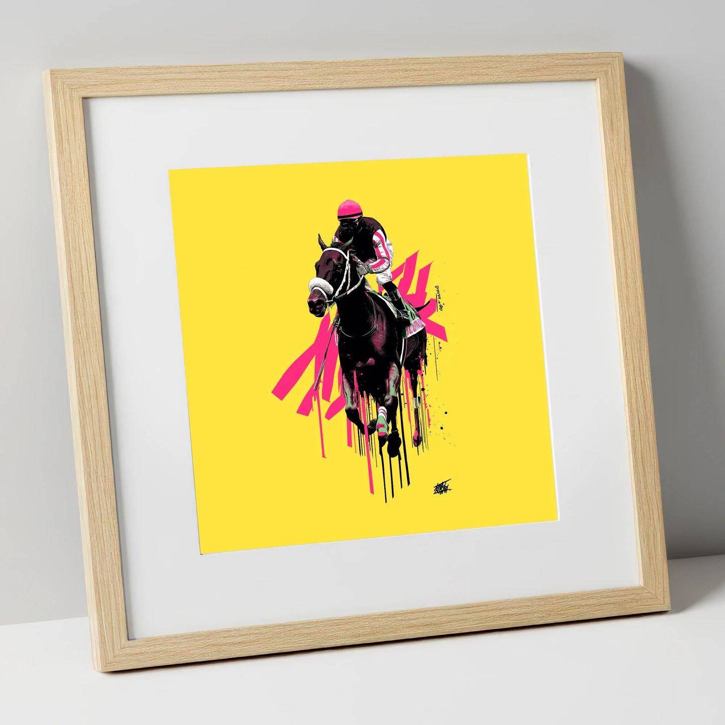 Neon Gallop racing horse art print in natural frame