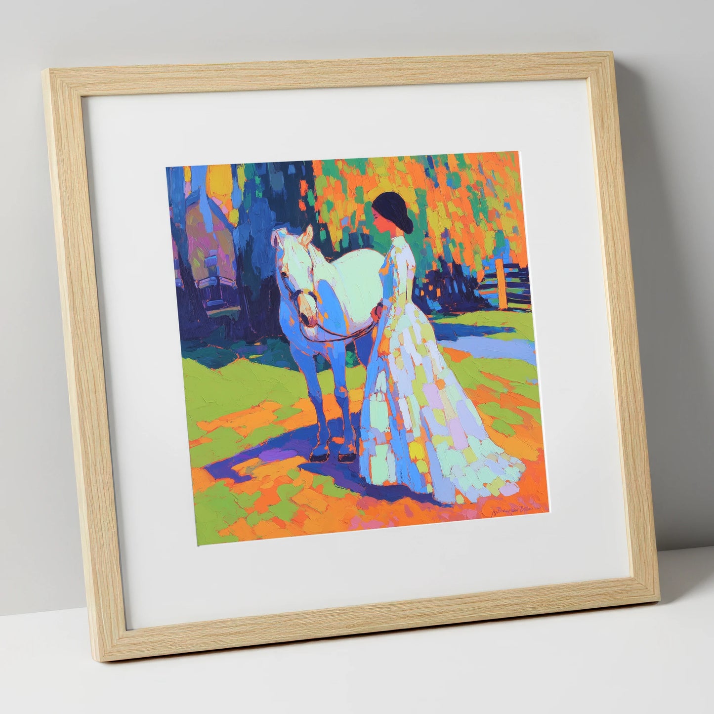 Radiant Bond horse & rider art print in natural frame