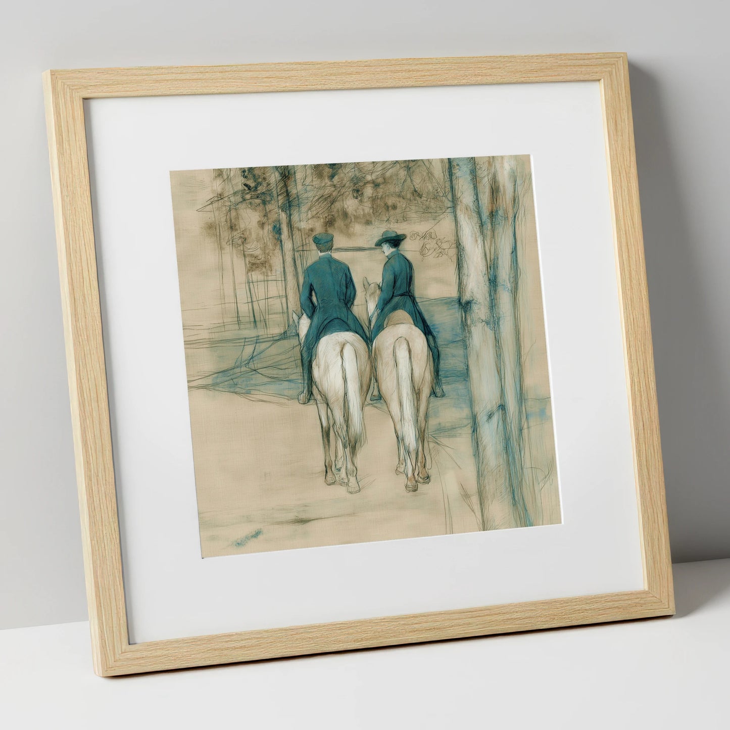 The Woodland Hack horse & rider art print in natural frame