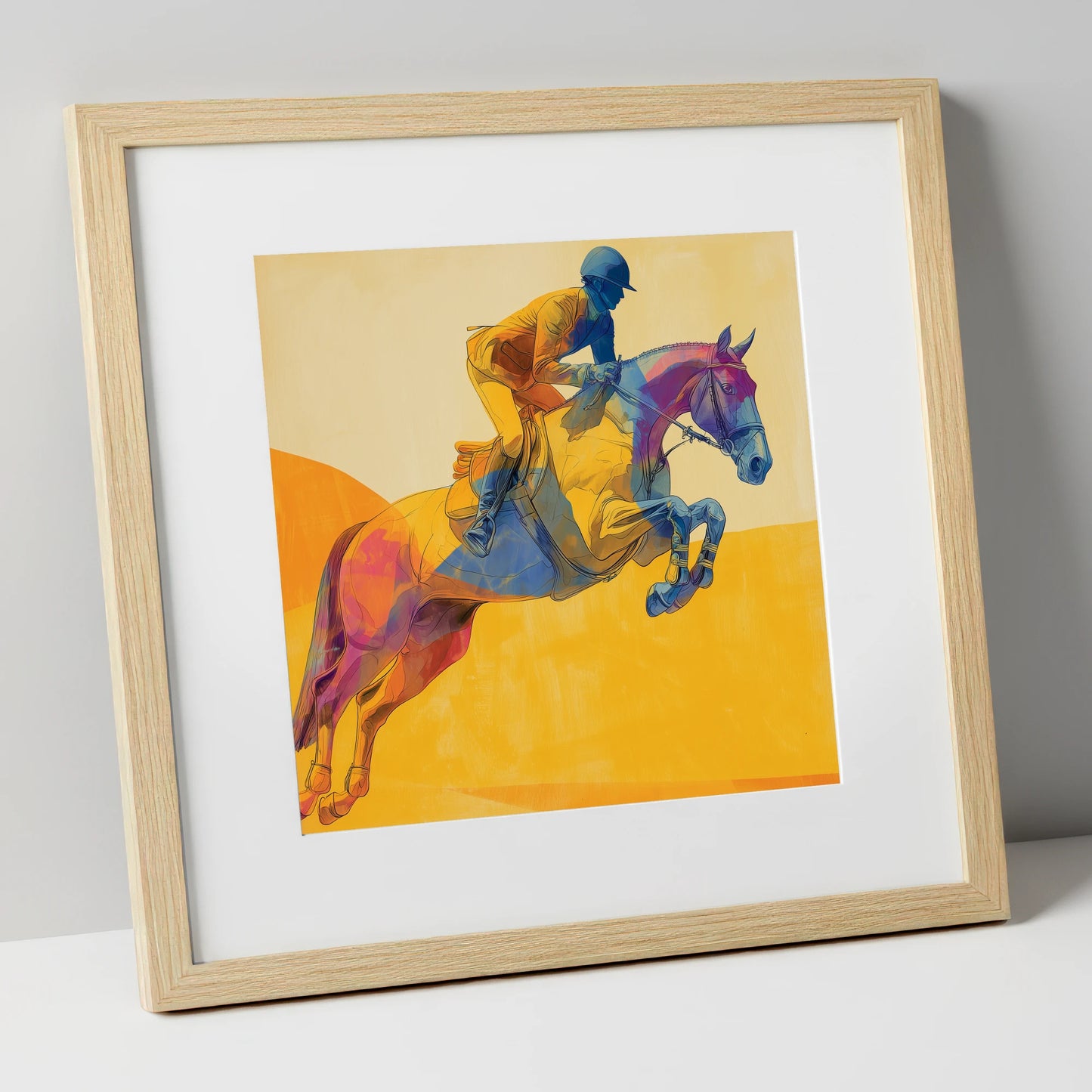 Flight Over Gold show jumping horse art print in natural frame