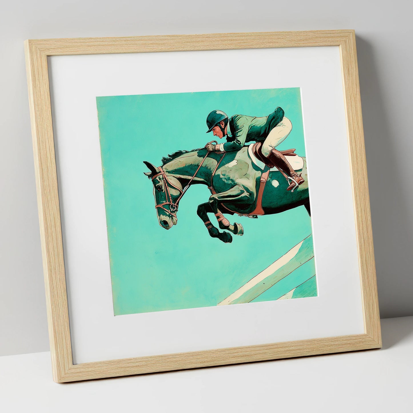 Mid-Air Mastery show jumping horse art print in natural frame
