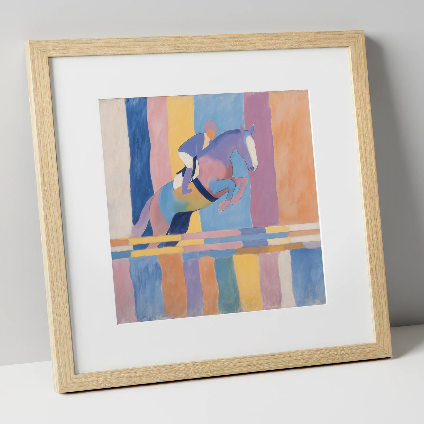 Pastel Flight show jumping horse art print in natural frame