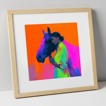 Technicolour Bond horse & rider art print in natural frame