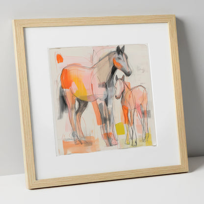 Radiant Beginnings mare & foal art print in natural frame