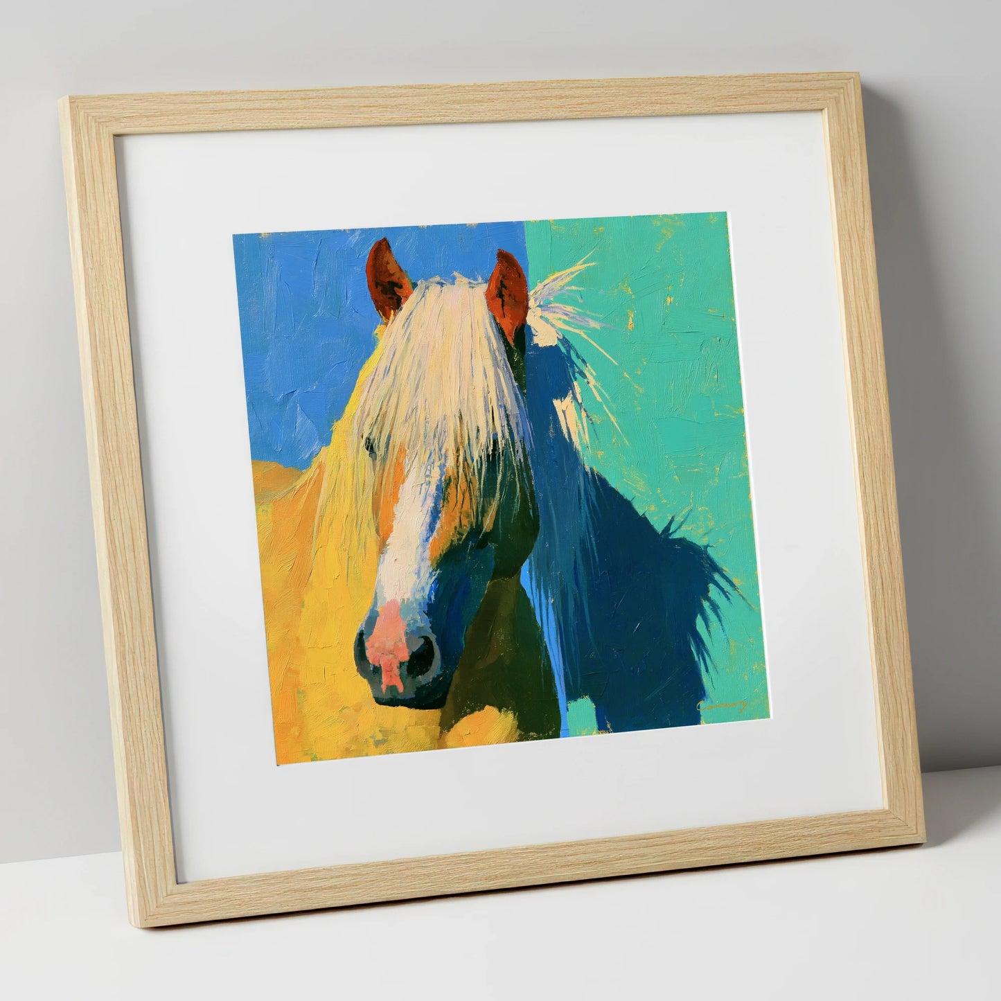 Vibrant Palomino Horse Portrait horse breed art print in natural frame