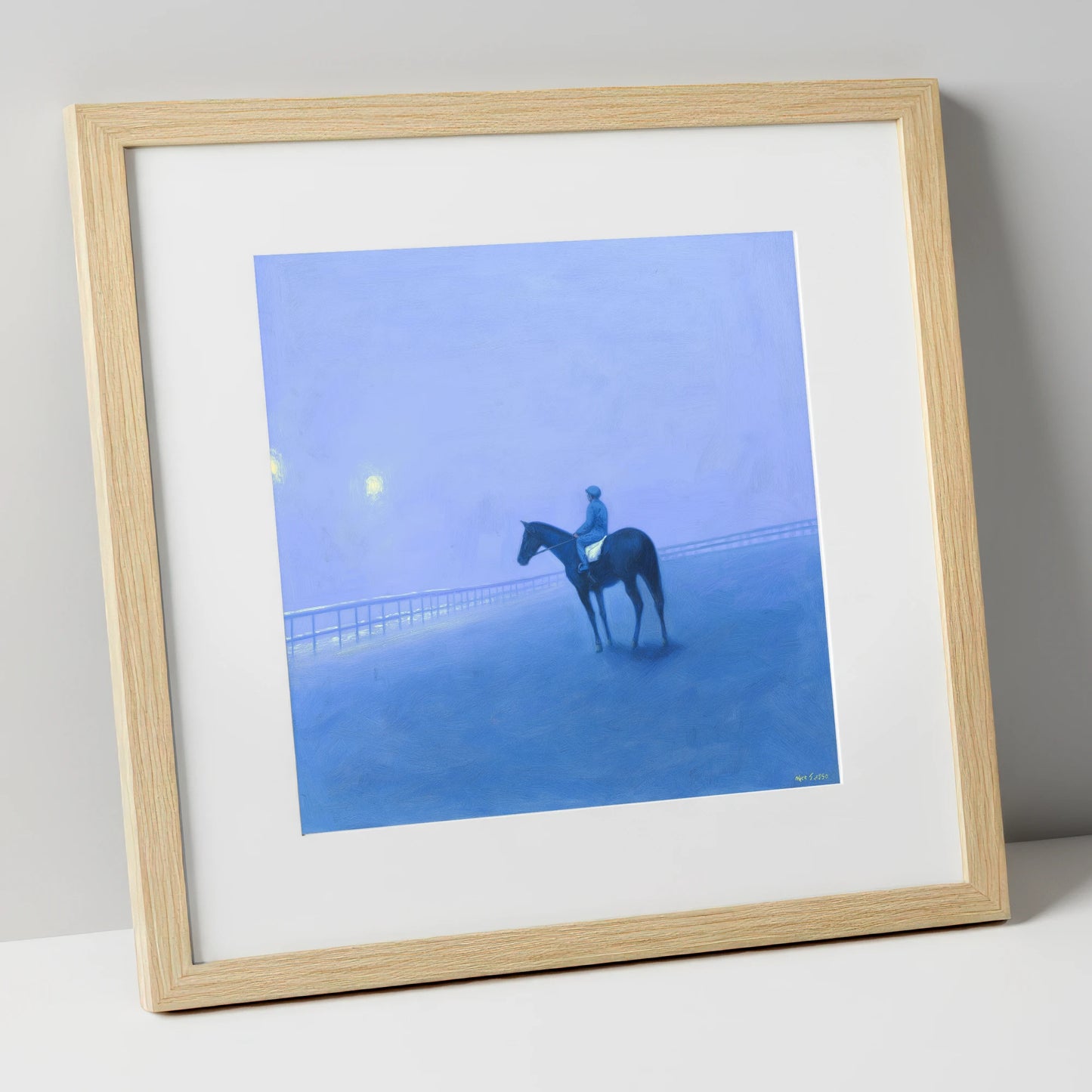 Dawn on the Gallops racing horse art print in natural frame