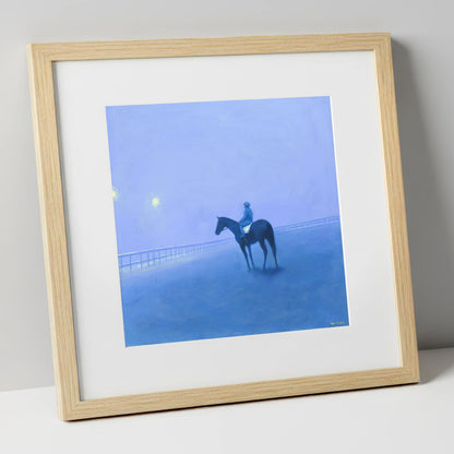 Dawn on the Gallops racing horse art print in natural frame