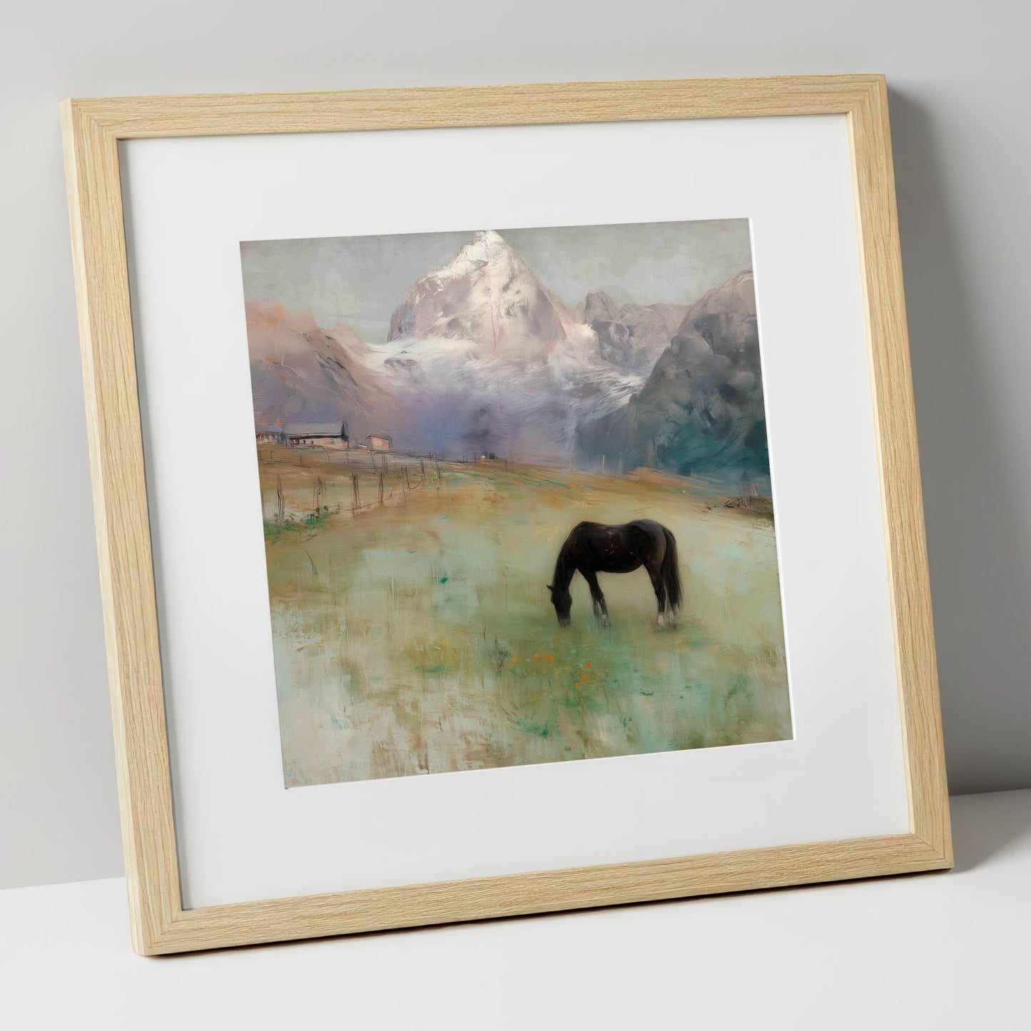Alpine Pasture Solitude horse landscape art print in natural frame
