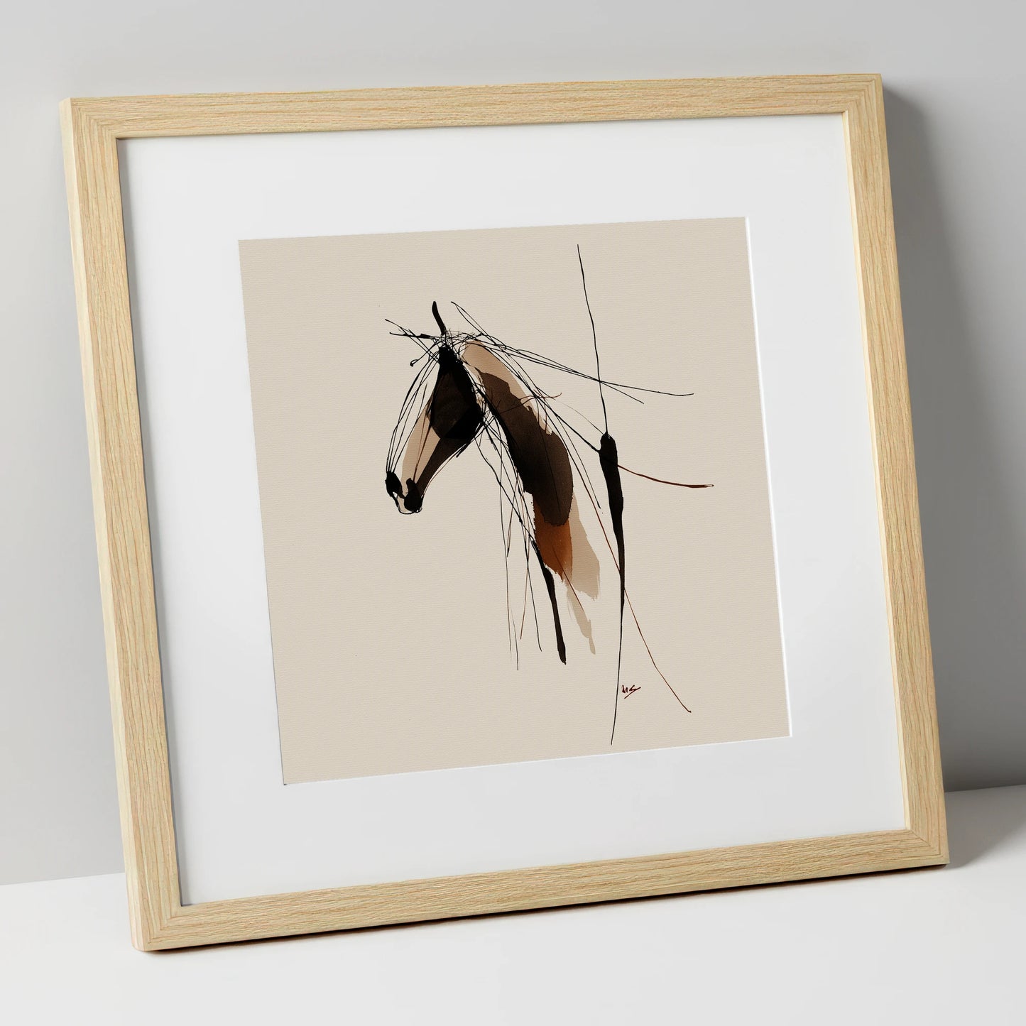 Fluid Grace horse portrait art print in natural frame