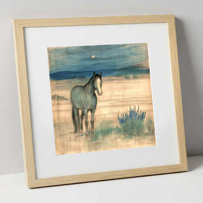 Twilight Moonlit Watch horse landscape art print in natural frame