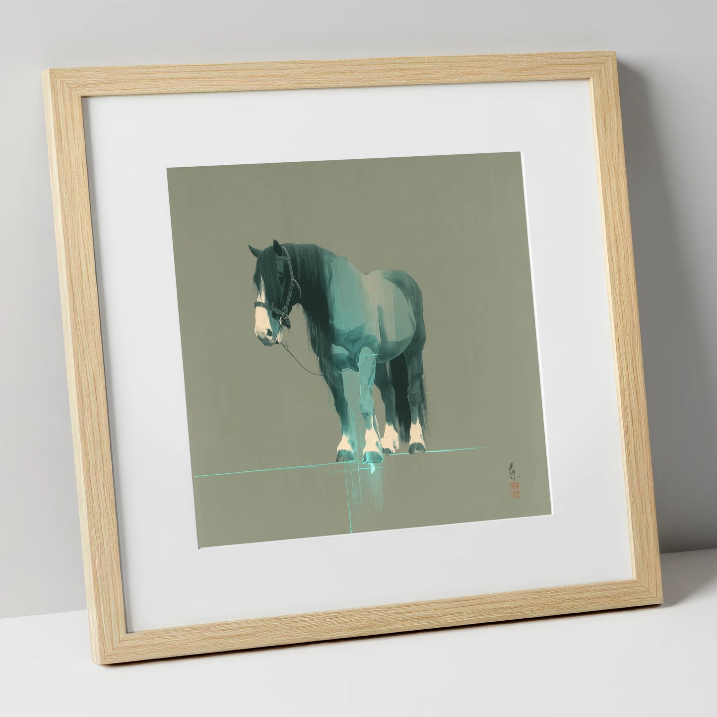 Teal Draught Silhouette horse breed art print in natural frame