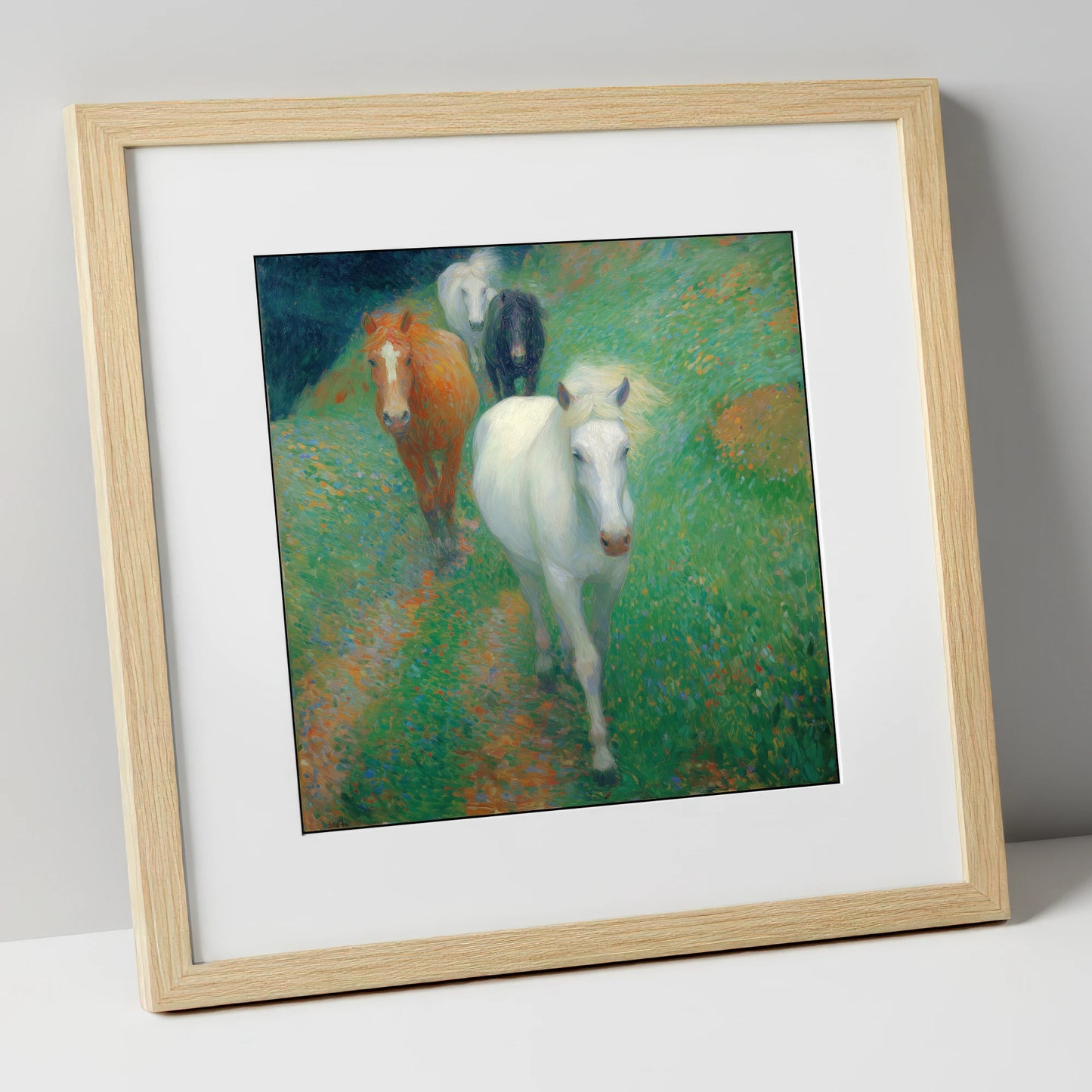 Vibrant Summer Herd horse landscape art print in natural frame