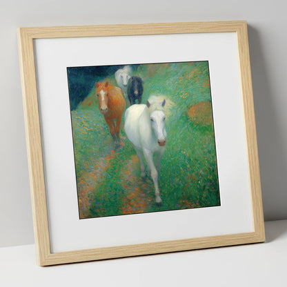 Vibrant Summer Herd horse landscape art print in natural frame