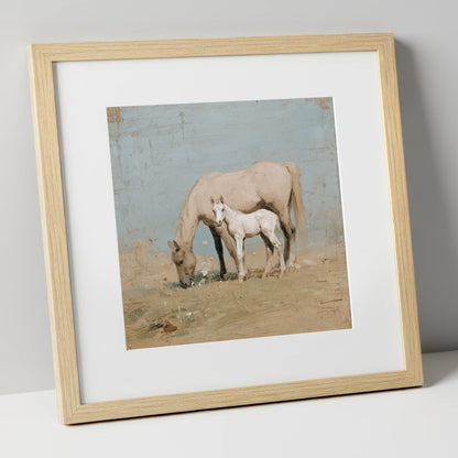 The Quiet Pasture mare & foal art print in natural frame