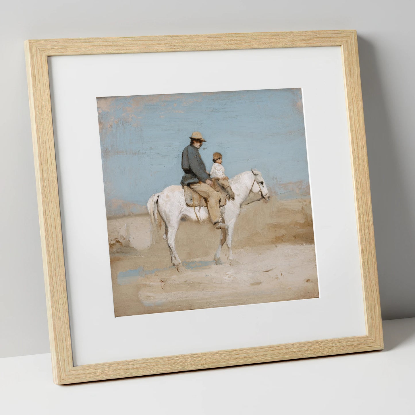 The First Hack horse & rider art print in natural frame