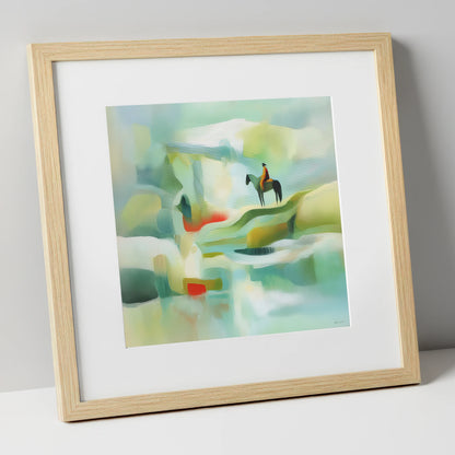 Serene Coastal Vantage beach horse art print in natural frame