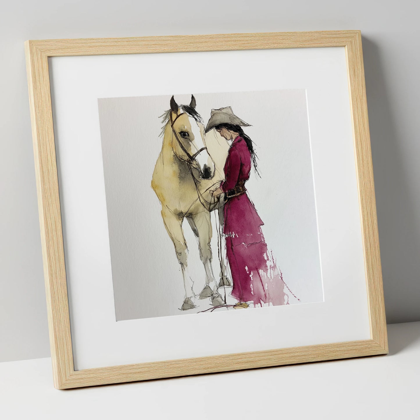 A Quiet Understanding horse & rider art print in natural frame