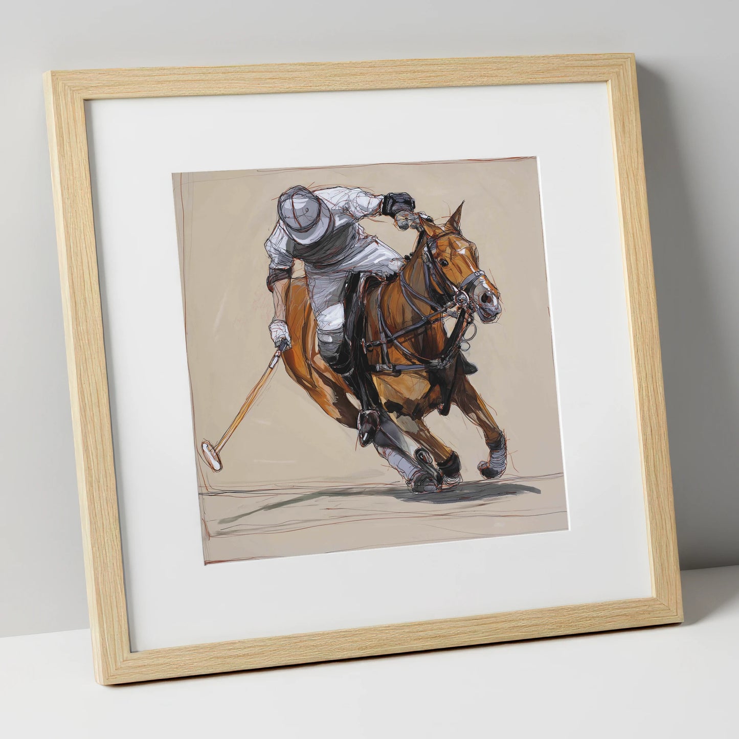 The Decisive Strike polo horse art print in natural frame