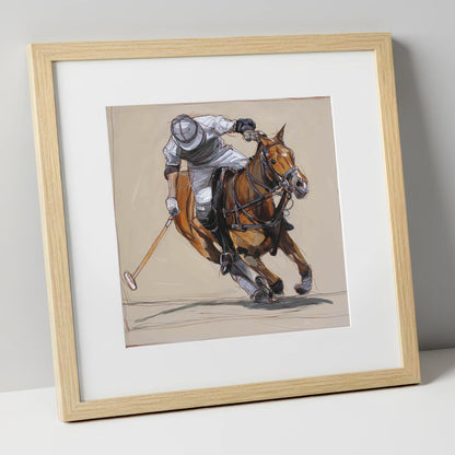 The Decisive Strike polo horse art print in natural frame