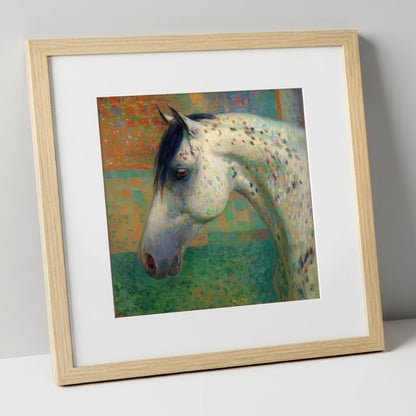 Vibrant Spotted Portrait horse breed art print in natural frame