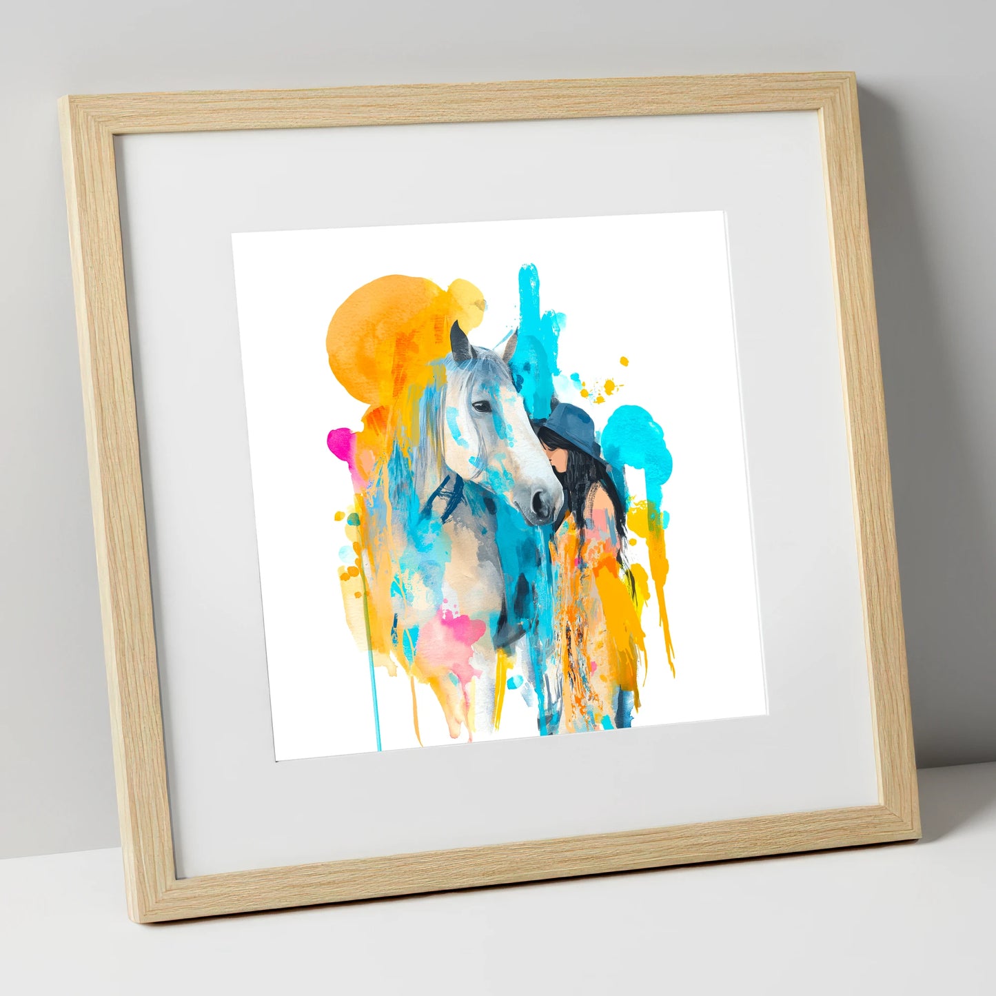 Vibrant Connection horse & rider art print in natural frame