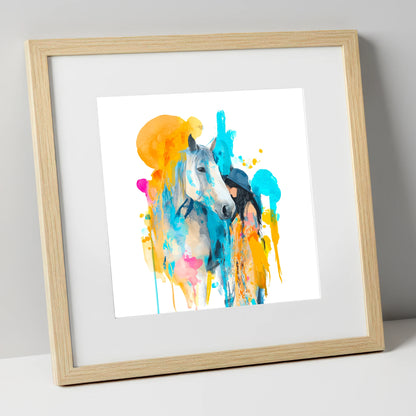 Vibrant Connection horse & rider art print in natural frame