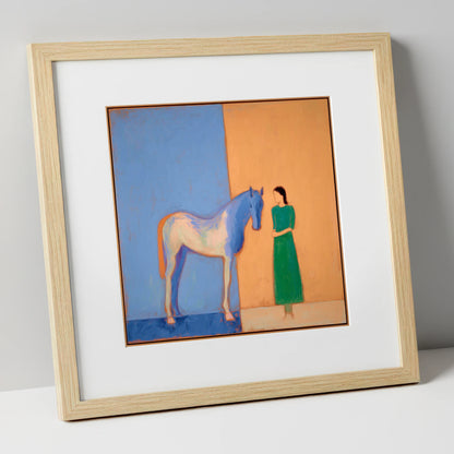 The Silent Bond horse & rider art print in natural frame
