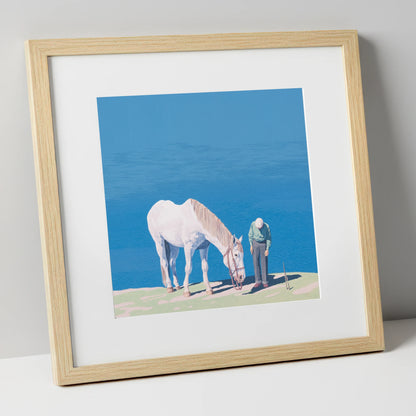 Shared Silence horse & rider art print in natural frame
