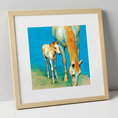 Nurture and Nature mare & foal art print in natural frame