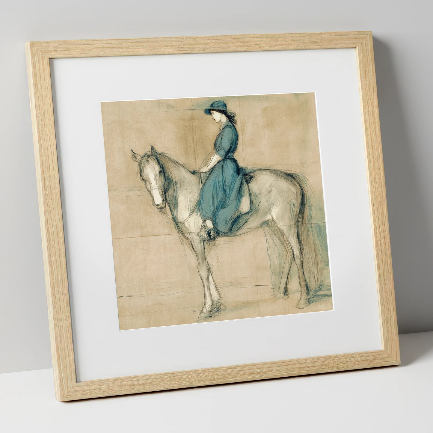 The Lady in Teal horse & rider art print in natural frame